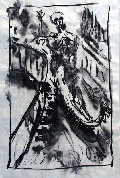 GONDOLIERE in Venedig, Tusche, 76 x 50 cm